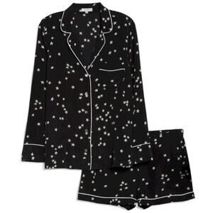 Equipment Lillian Silk Pajama Set XS Black w/ Cream Stars Long Sleeve Shorts